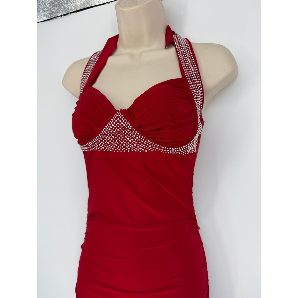 Red Rhinestone Halter Dress Y2K Glam Bodycon Ruched Vegas Party‎ - Picture 2 of 12